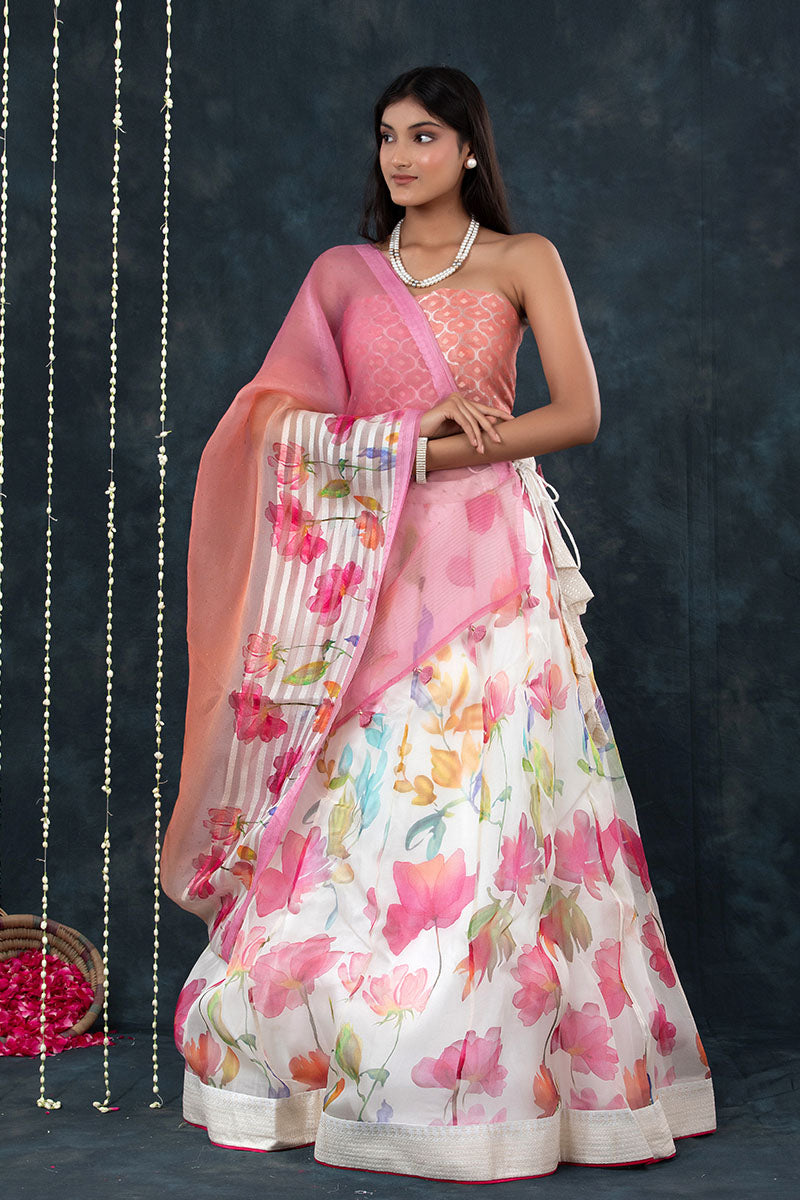 Pink And White Floral Printed Organza Silk Lehenga Chinaya Banaras