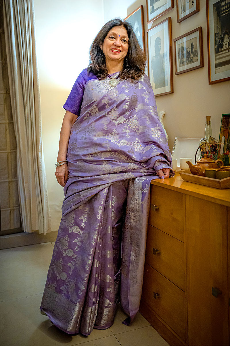 Light Purple Woven Satin Silk Saree With Contrast Brocade Blouse – Zari  Banaras