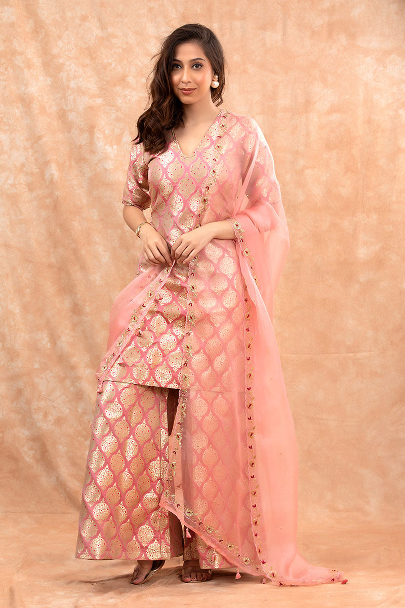 Baby Pink Handwoven Banarasi Silk Suit Set for Women Online