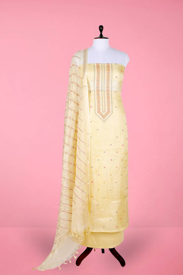 Light Yellow Embroidered Kota Doria Dress Material