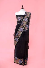 Black Floral  Embroidered Silk Saree