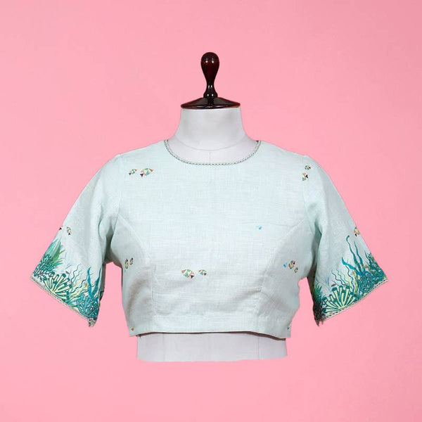 Powder Blue Coral Printed Linen Blouse