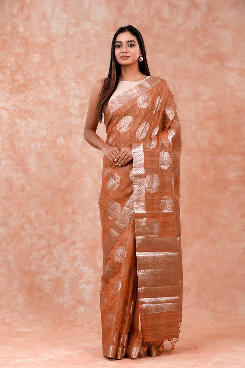 Salmon Peach Cotton Banarasi Saree