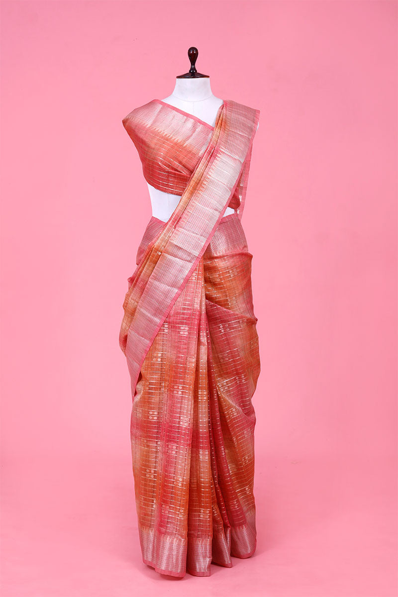 Buy Peach Cotton Banarasi Saree Online