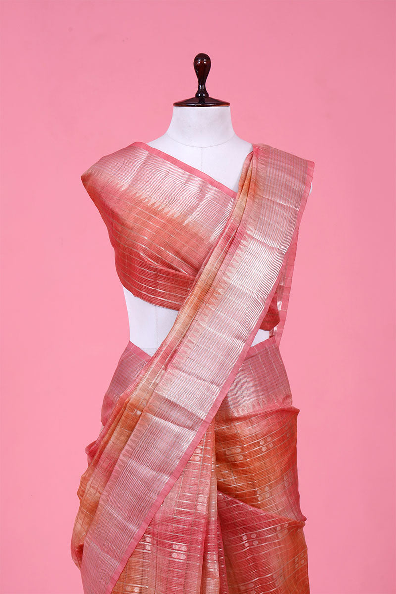 Peach Checkered Woven Cotton Banarasi Saree