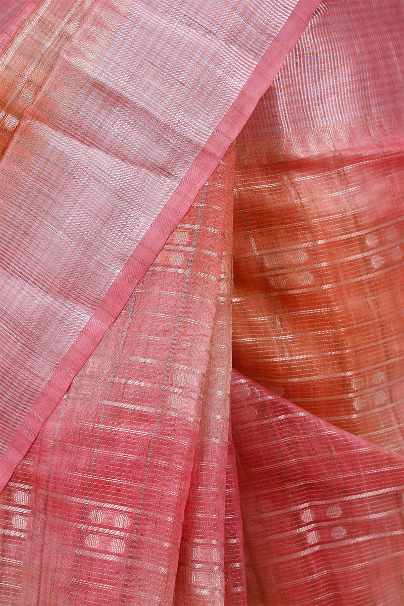 Peach Checkered Woven Cotton Banarasi Saree