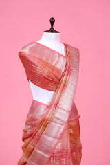 Peach Checkered Woven Cotton Banarasi Saree