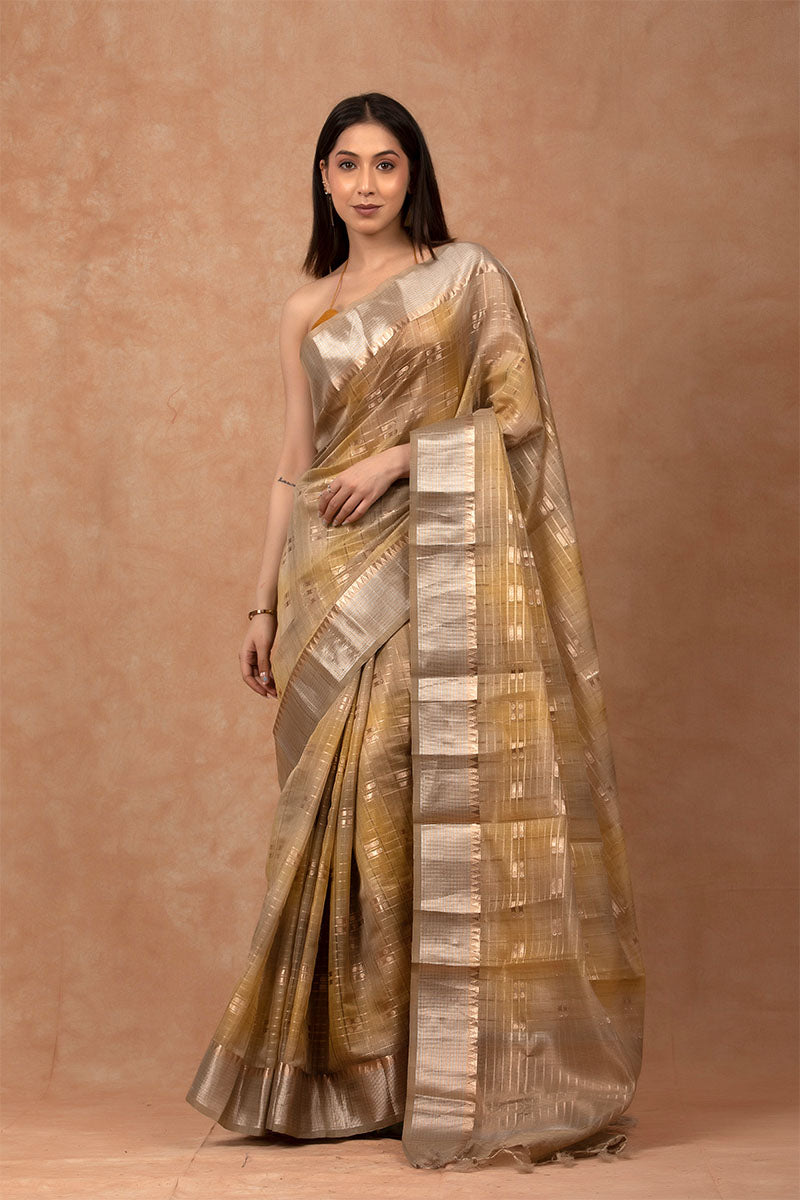 Olive Green Geometrical Cotton Banarasi Saree