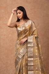 Olive Green Geometrical Cotton Banarasi Saree