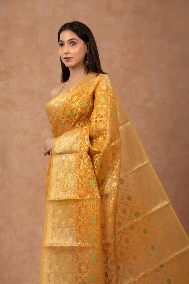 Yellow Woven Cotton Banarasi Saree