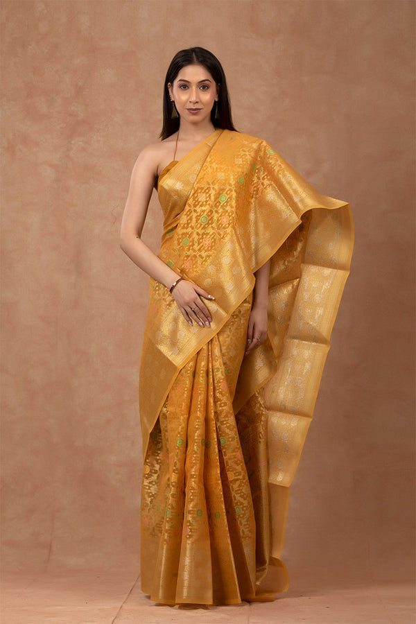 Yellow Woven Cotton Banarasi Saree