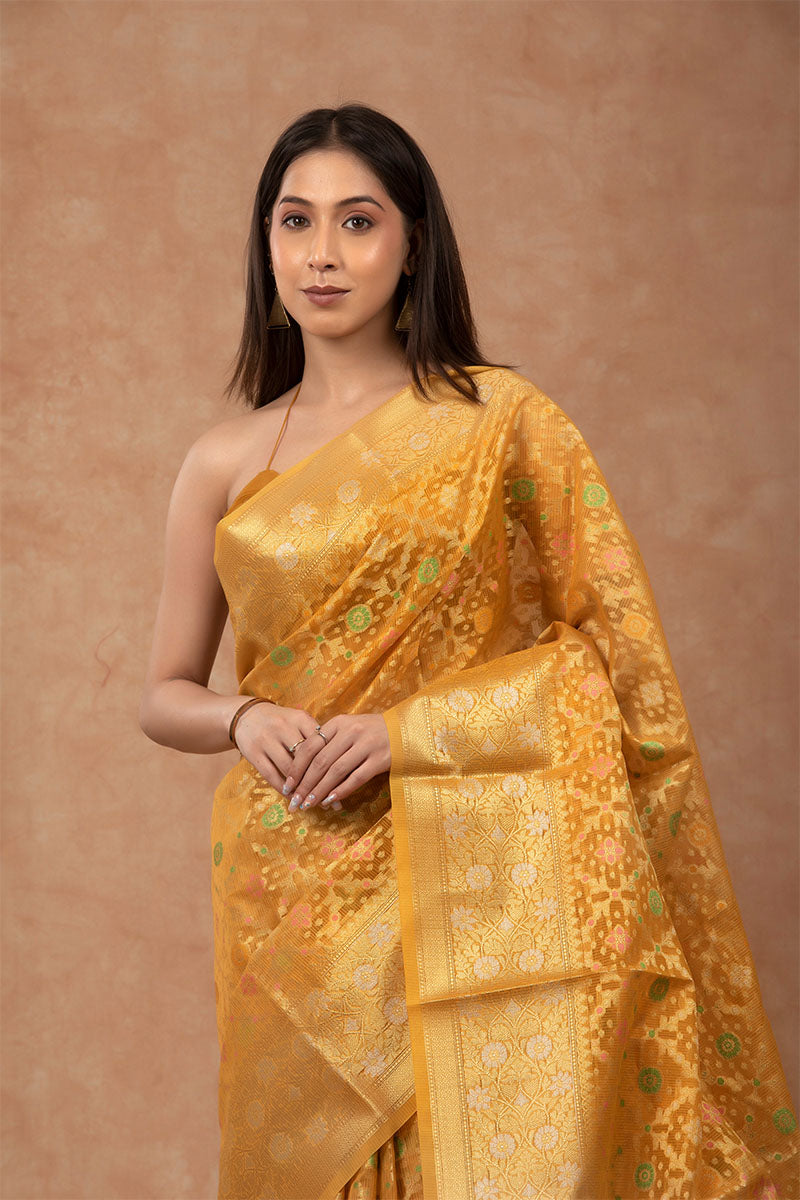 Yellow Woven Cotton Banarasi Saree