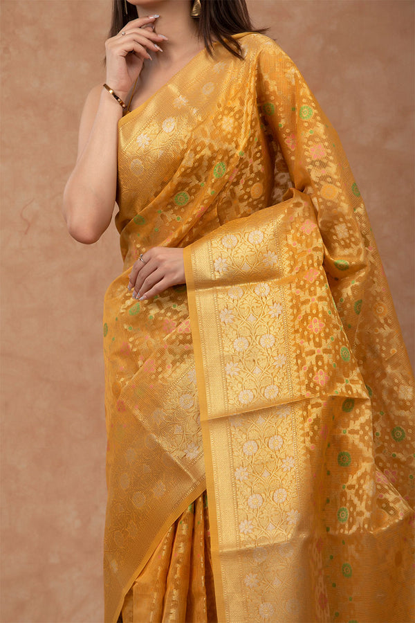 Yellow Woven Cotton Banarasi Saree