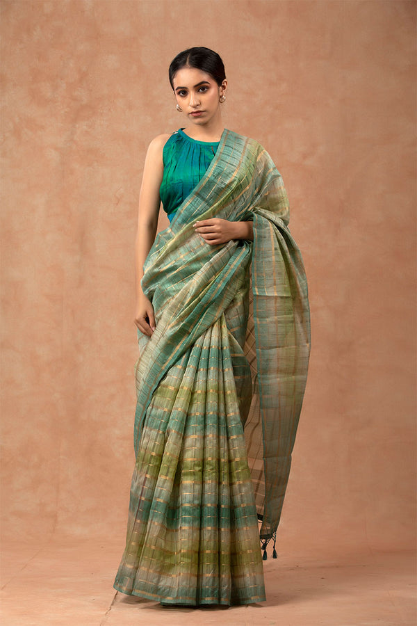 Blue Checkered Cotton Banarasi Saree