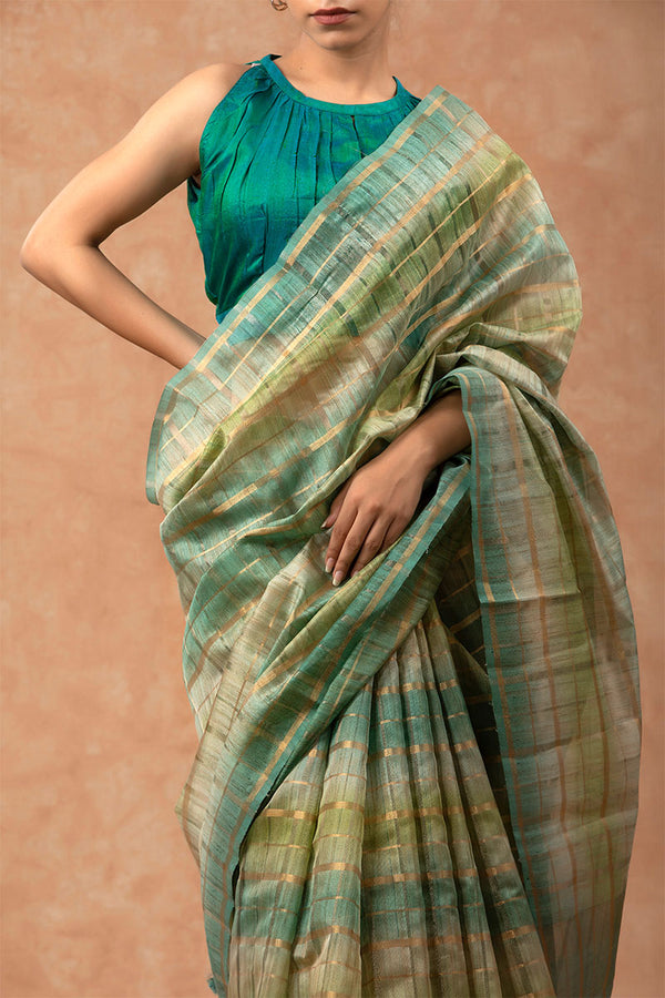 Blue Checkered Cotton Banarasi Saree