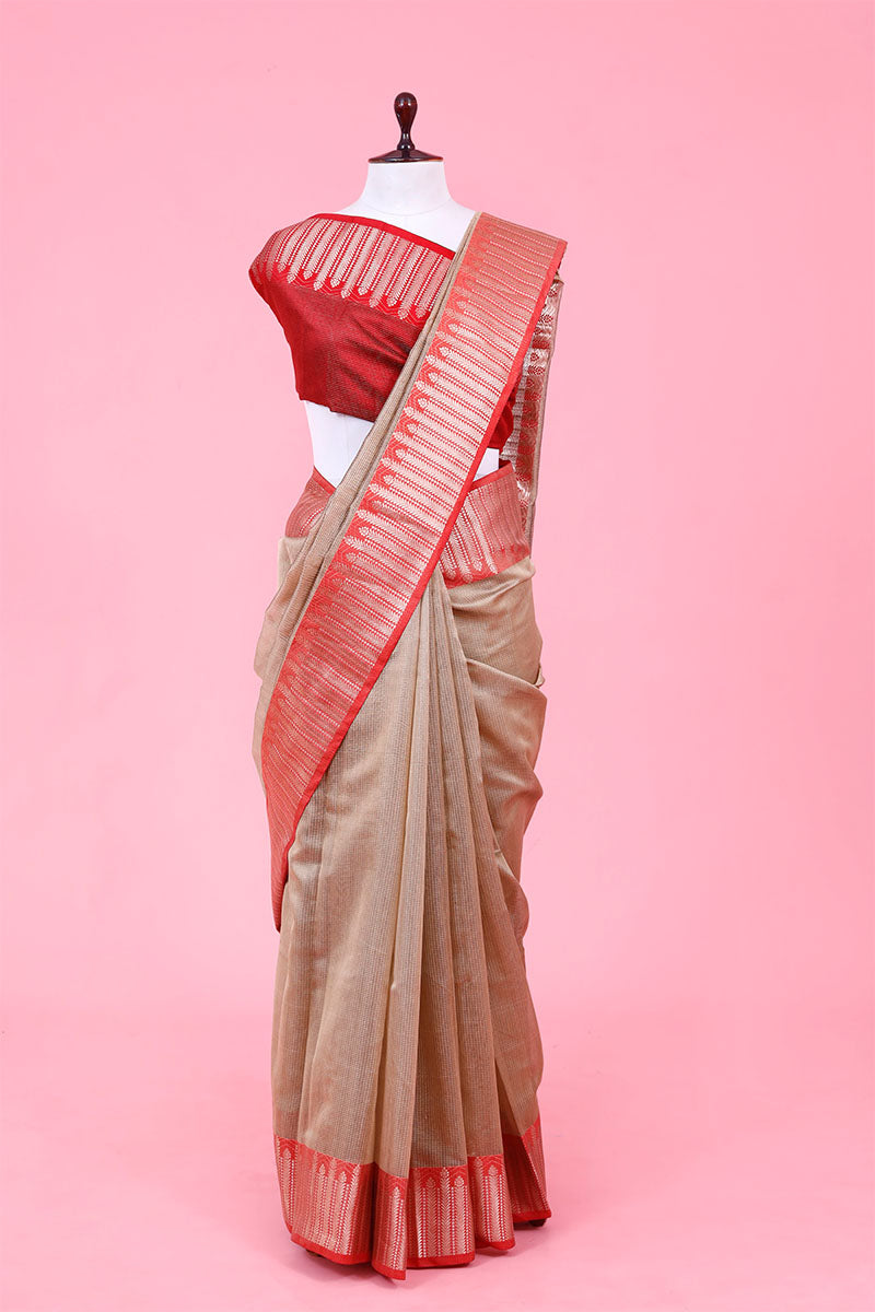 Buy Beige Cotton Banarasi Silk Saree Online