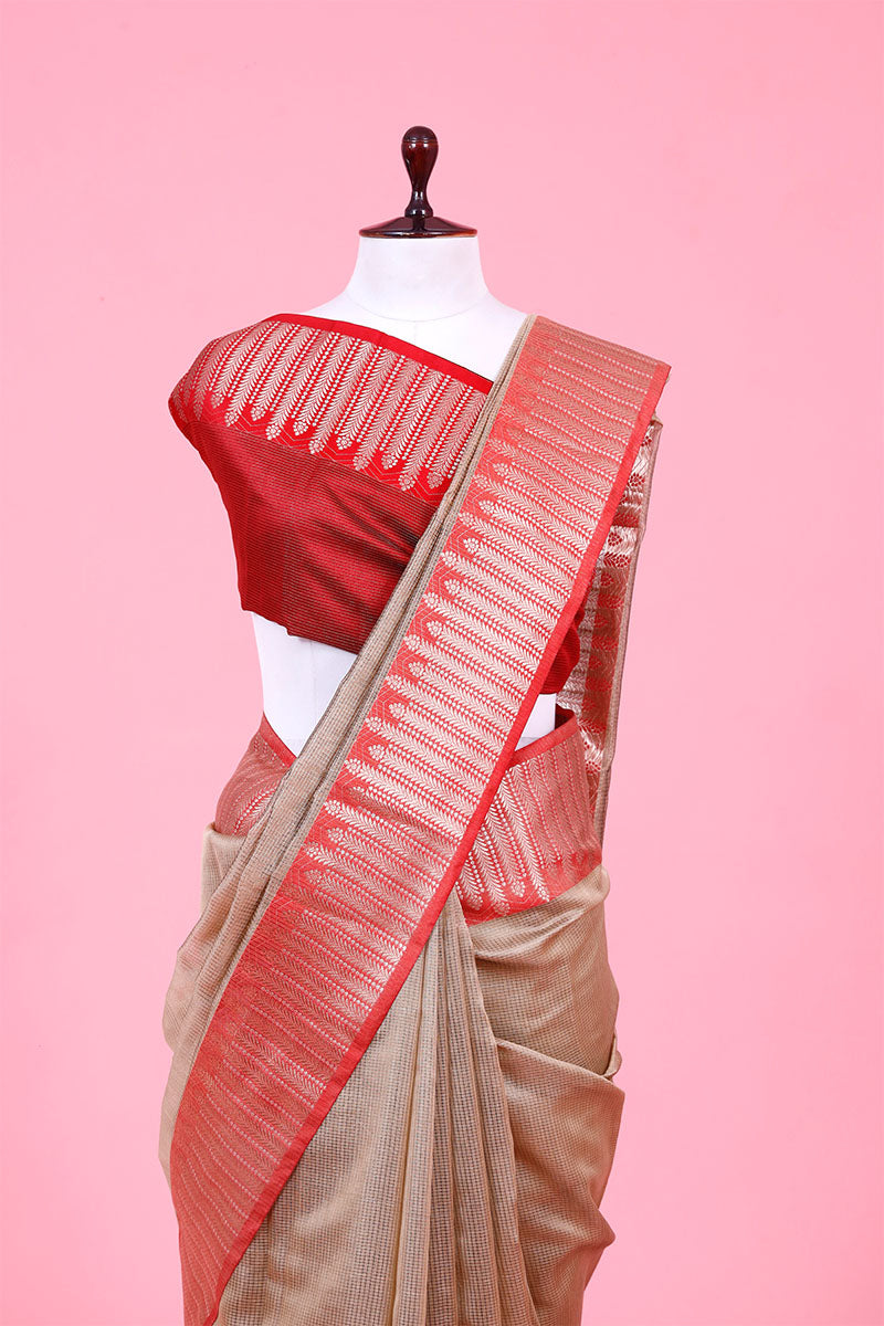 Beige Woven Cotton Banarasi Saree