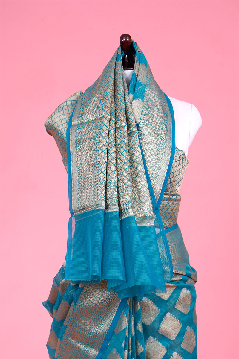 Blue Woven Cotton Banarasi Saree