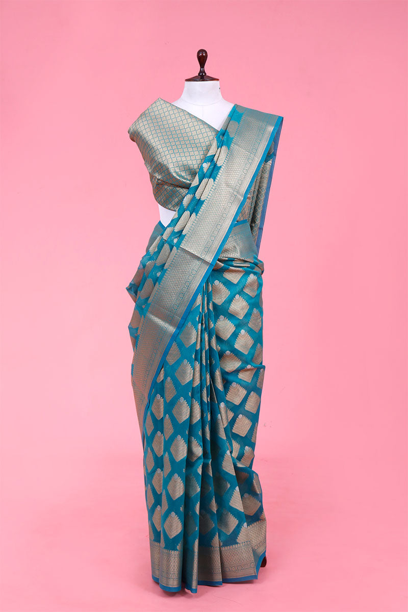 Cotton saree, silk cotton saree, Handloom Cotton Saree, Banarasi Cotton Saree, Sky Blue Saree, cotton Banarasi saree