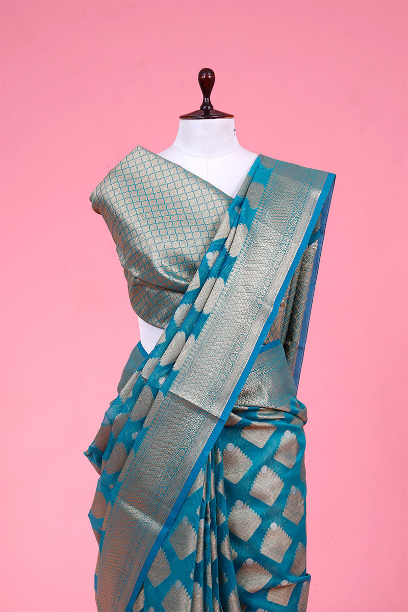 Blue Woven Cotton Banarasi Saree