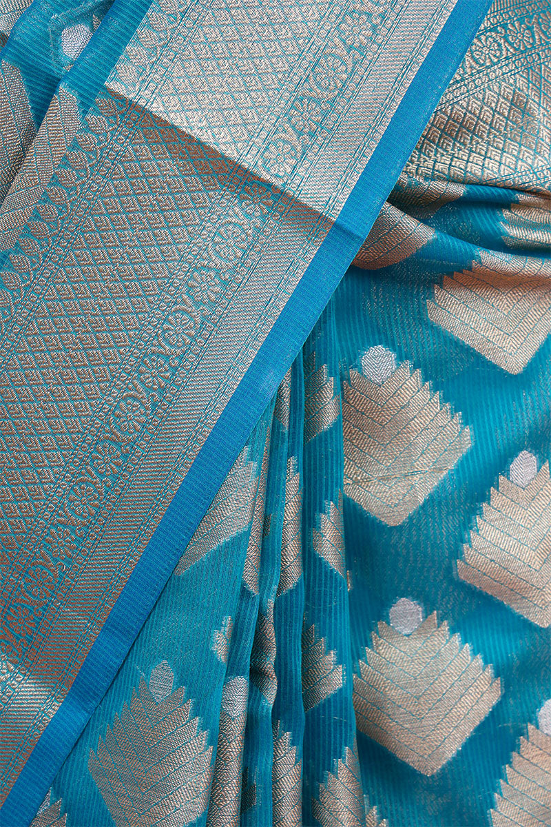 Blue Woven Cotton Banarasi Saree