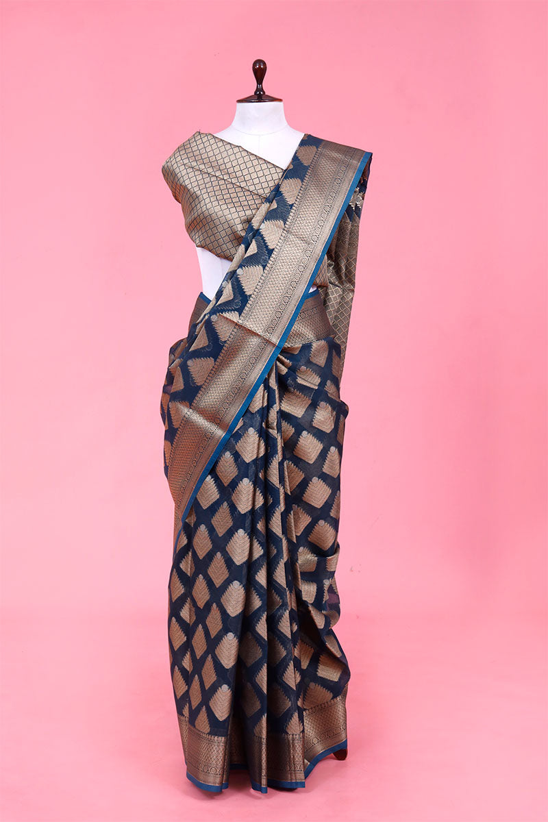 Cotton saree, Banarasi Cotton Saree, blue Saree, cotton Banarasi saree