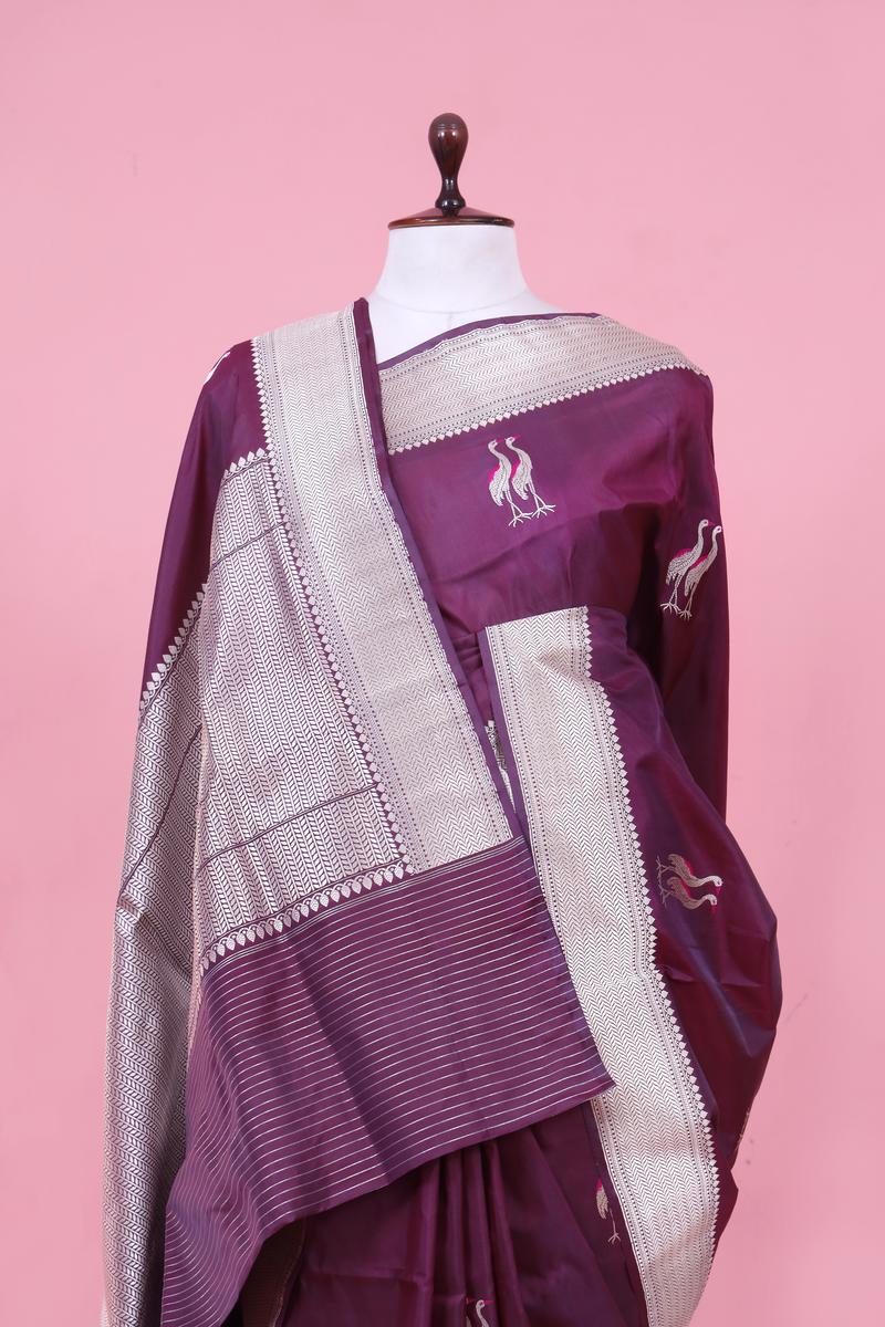 Wine Handloom Banarasi Saree with Shuturmurg Motifs