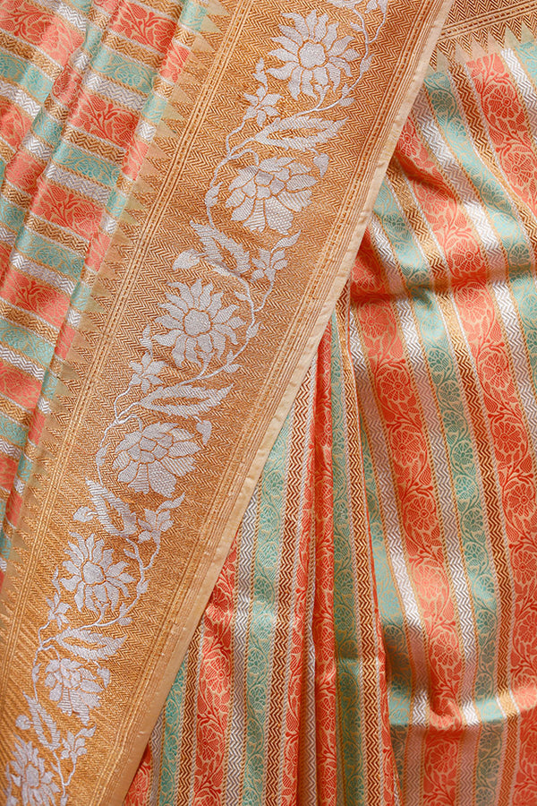 Light Yellow Striped Handloom Banarasi Katan Silk Saree