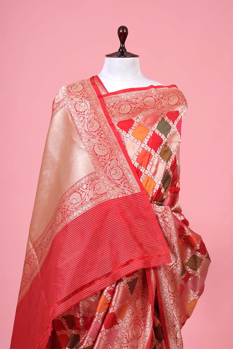 Red Geometrical Rangkat Katan Silk Banarasi Saree