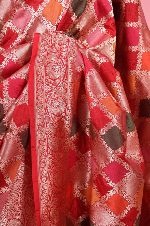Red Geometrical Rangkat Banarasi Katan Silk Saree