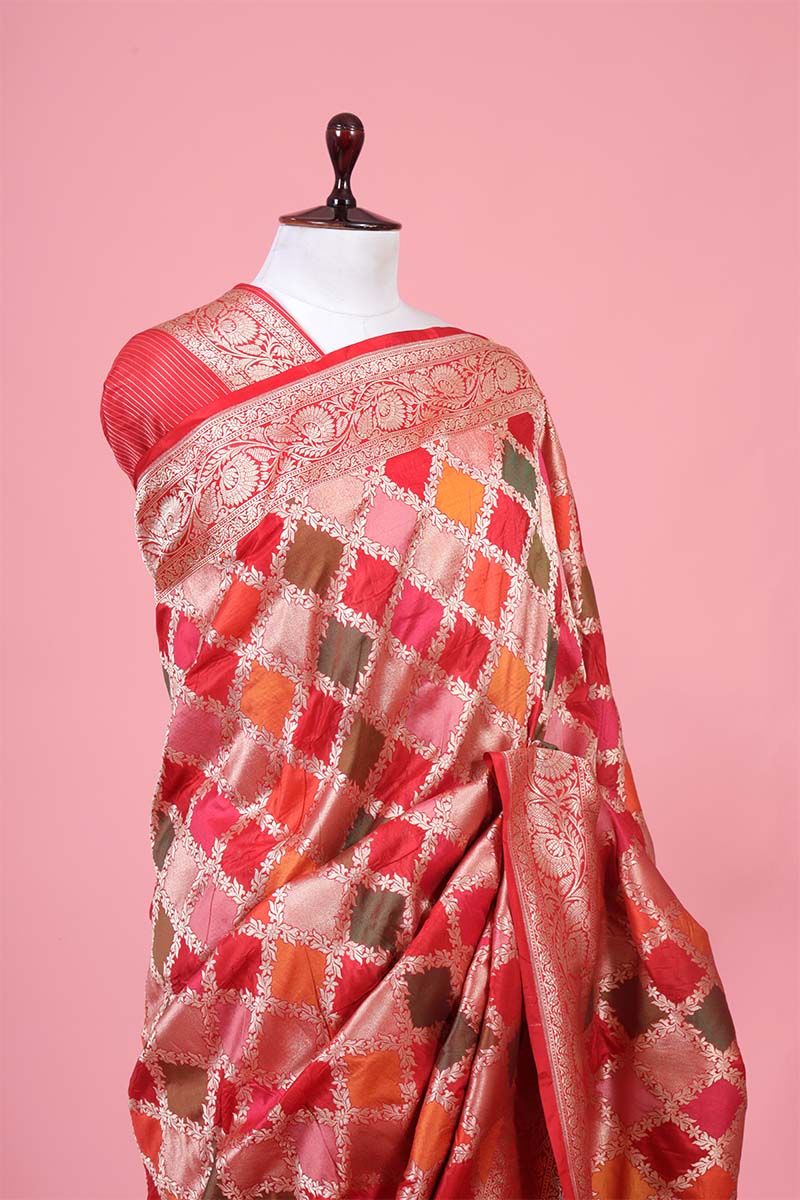 Red Geometrical Rangkat Katan Silk Banarasi Saree