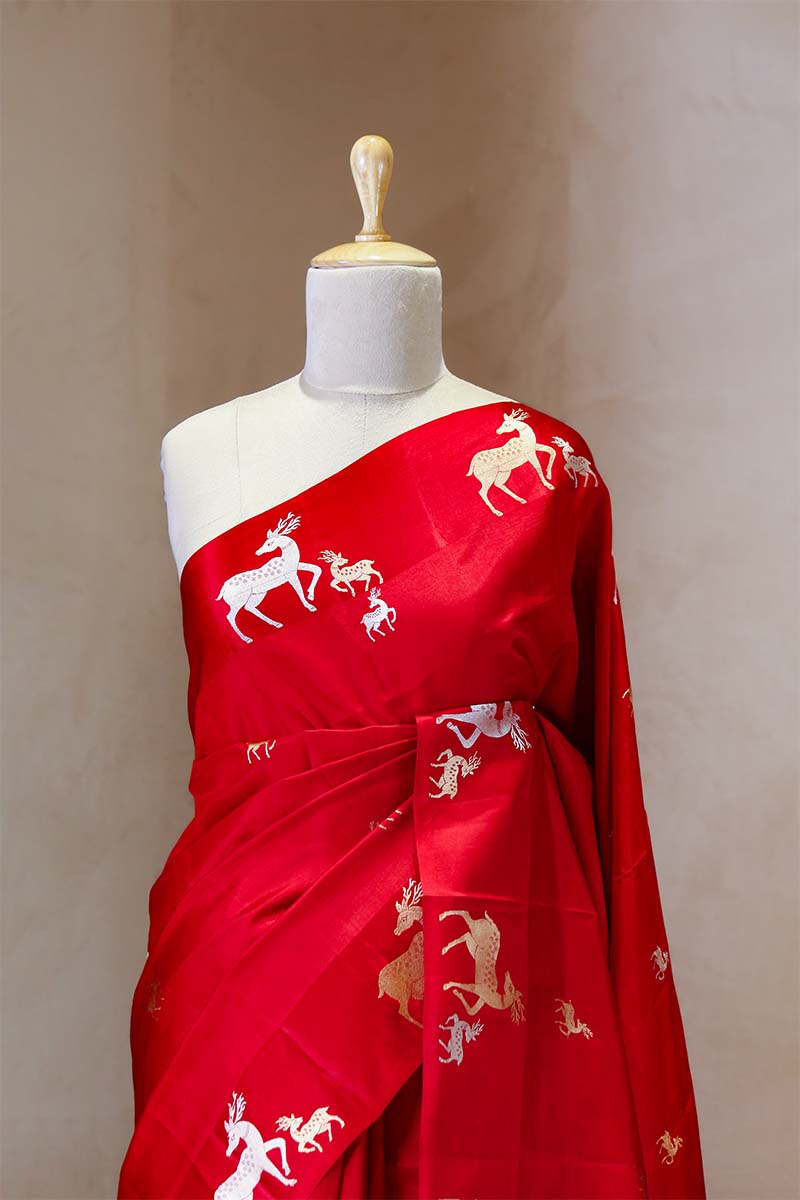 Deer Motif Pure Banarasi Silk Saree