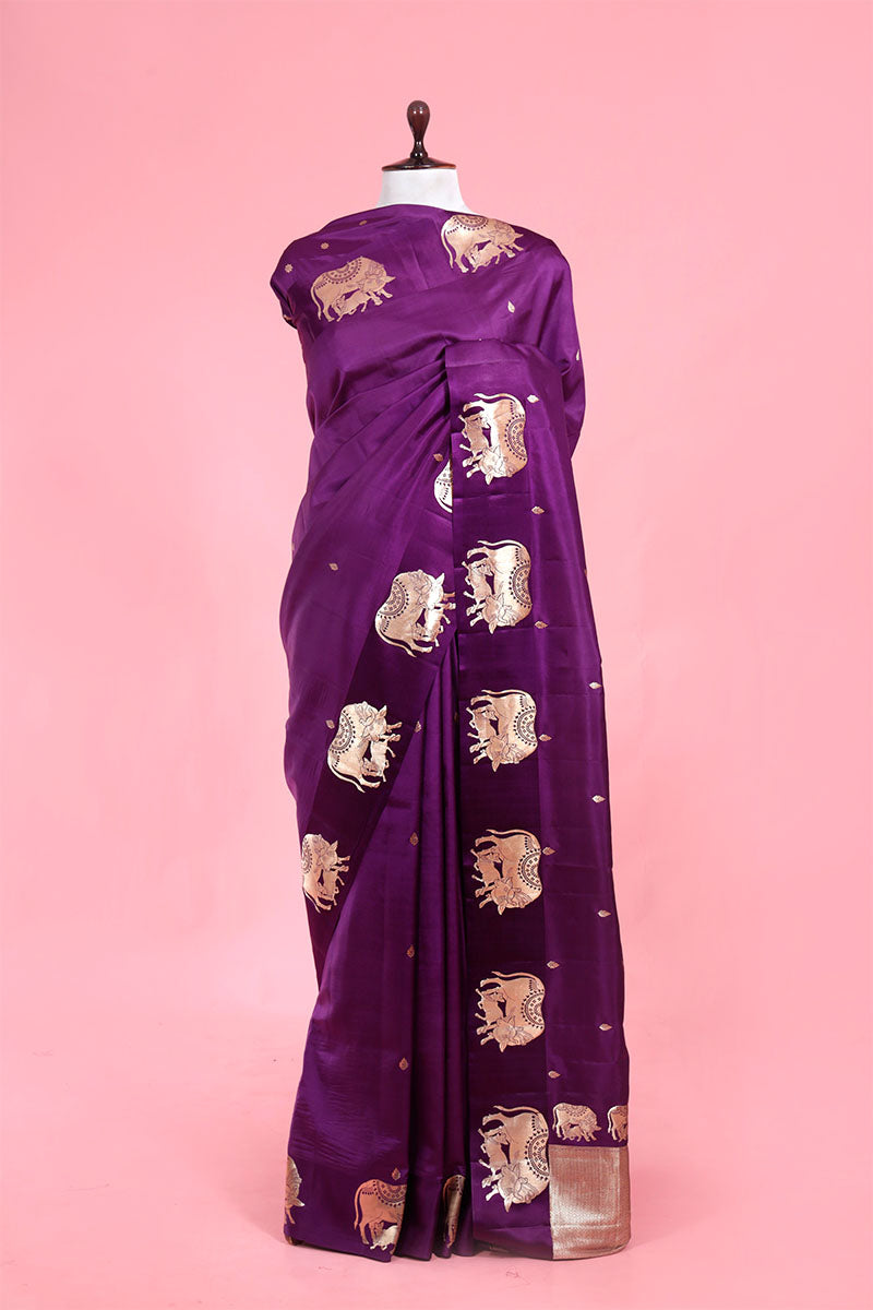 Purple handloom Banarasi Silk Saree with Kamdhenu Motifs Online