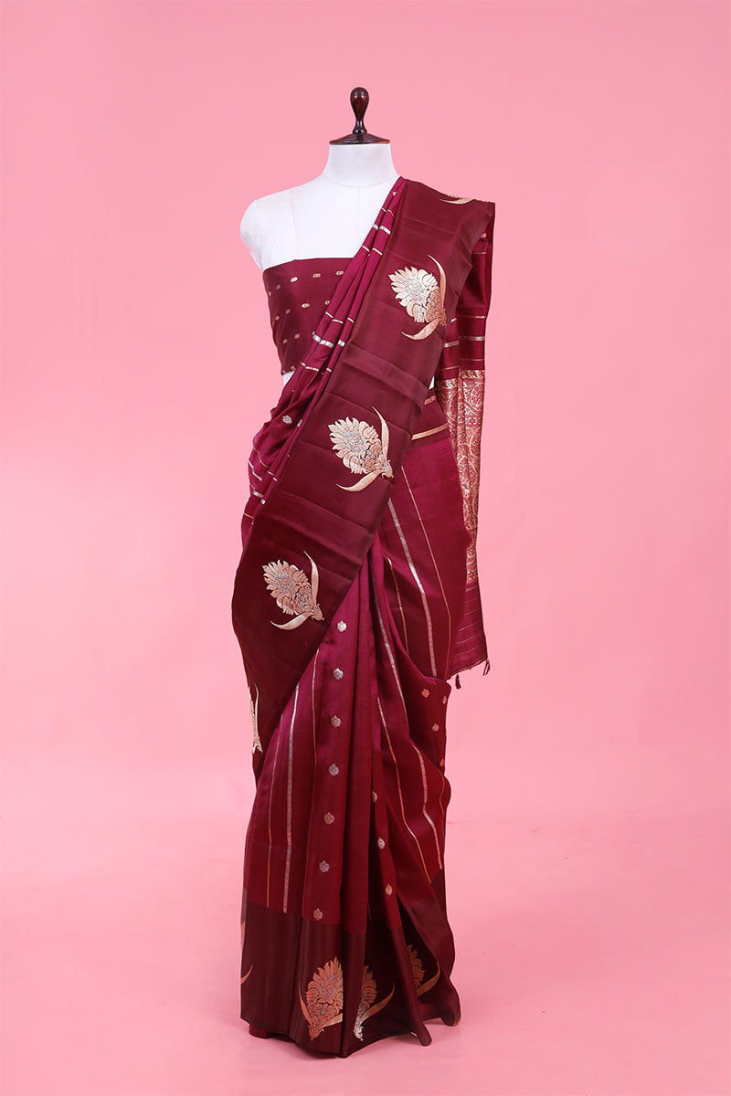 Banarasi Silk Saree, Banarasi saree, maroon ethnic handloom banarasi saree 