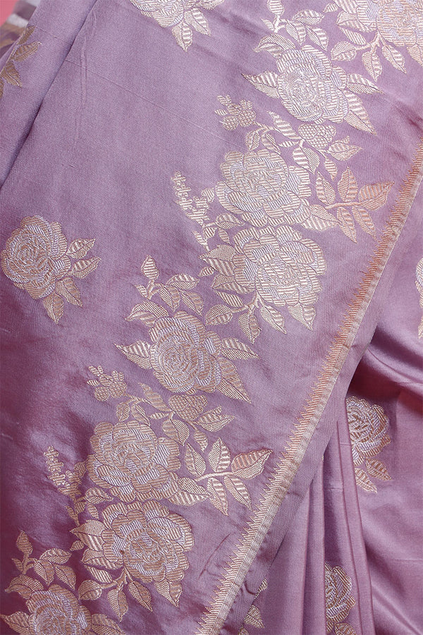 Lilac Floral Handloom Banarasi Katan Silk Saree
