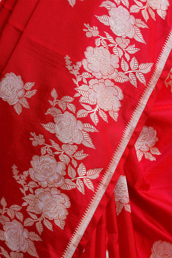 True Red Floral Handloom Banarasi Satin Silk Saree