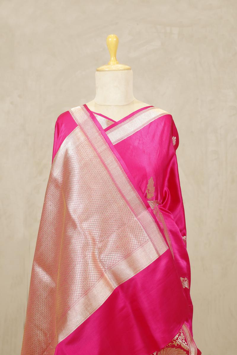 Rani Pink Banarasi Satin Silk Saree with Peacock Motifs