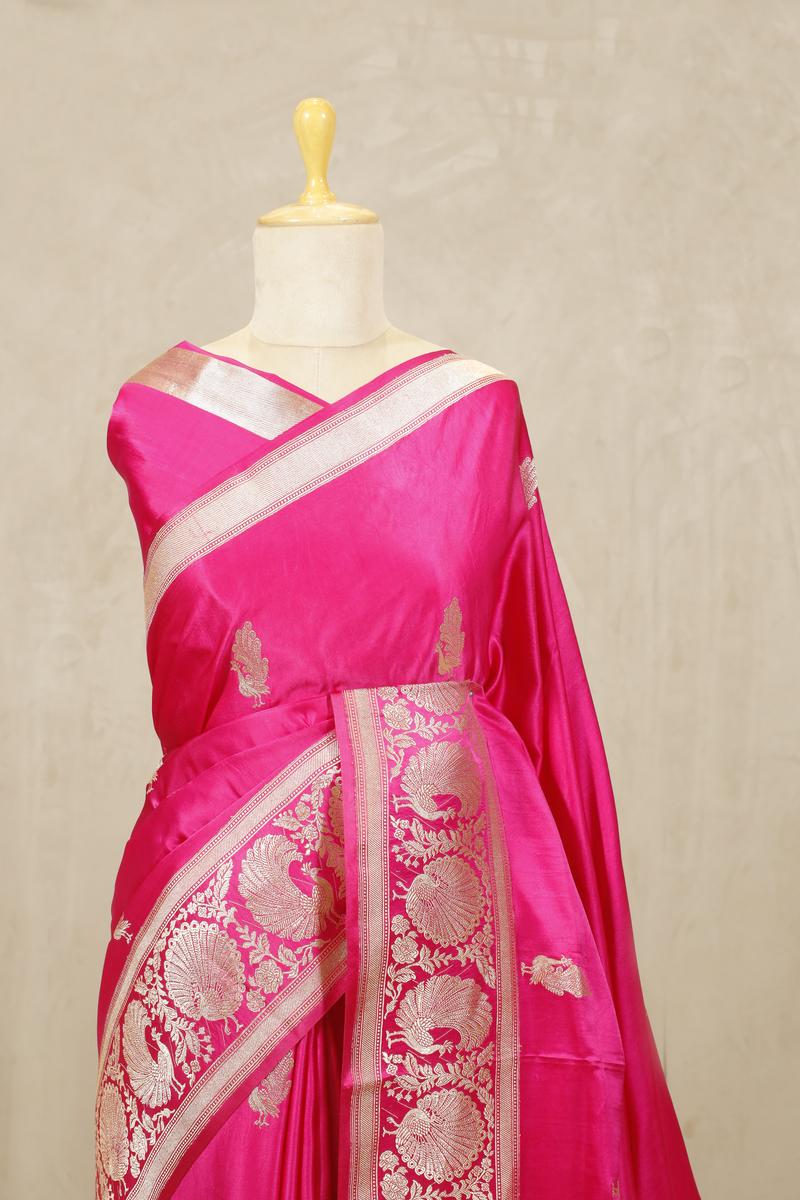 Rani Pink Banarasi Satin Silk Saree with Peacock Motifs