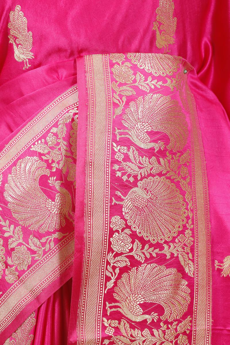 Rani Pink Banarasi Satin Silk Saree with Peacock Motifs