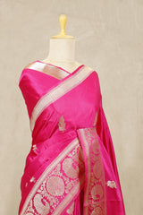 Rani Pink Banarasi Satin Silk Saree with Peacock Motifs