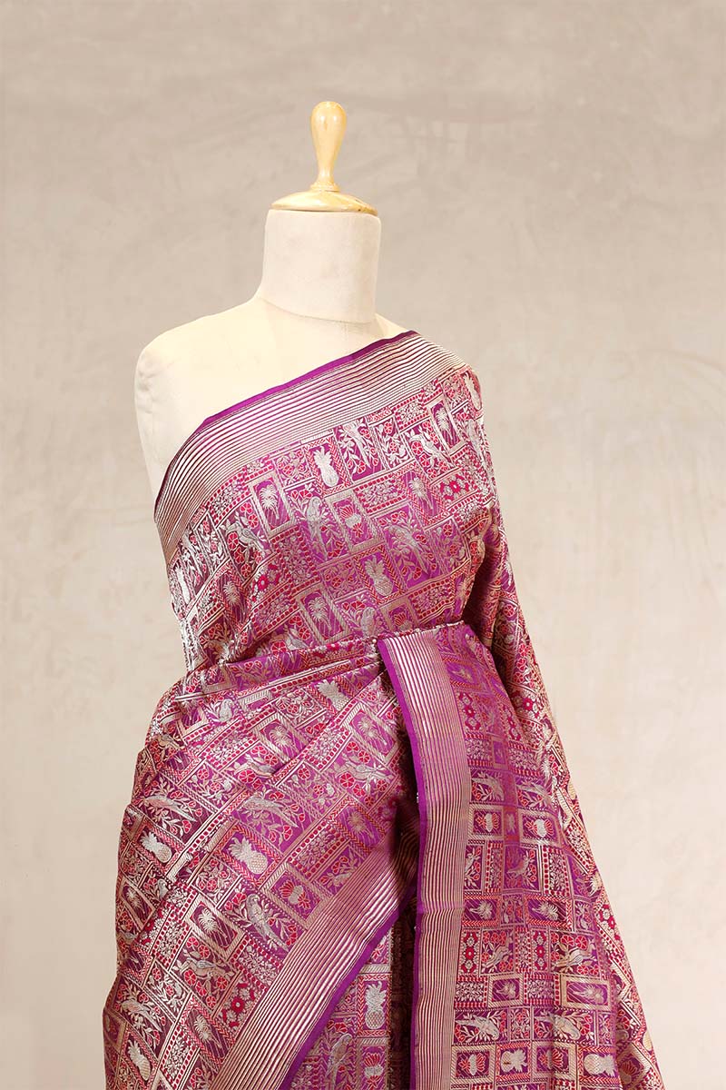 Purple Banarasi Satin Silk Saree with Meenakari Kadhwa Motifs