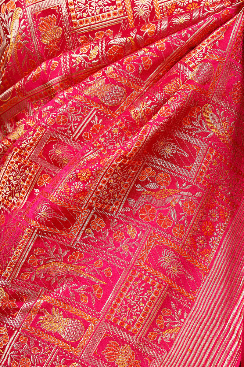 Dark Magenta Pink Handloom Satin Silk Banarasi Saree