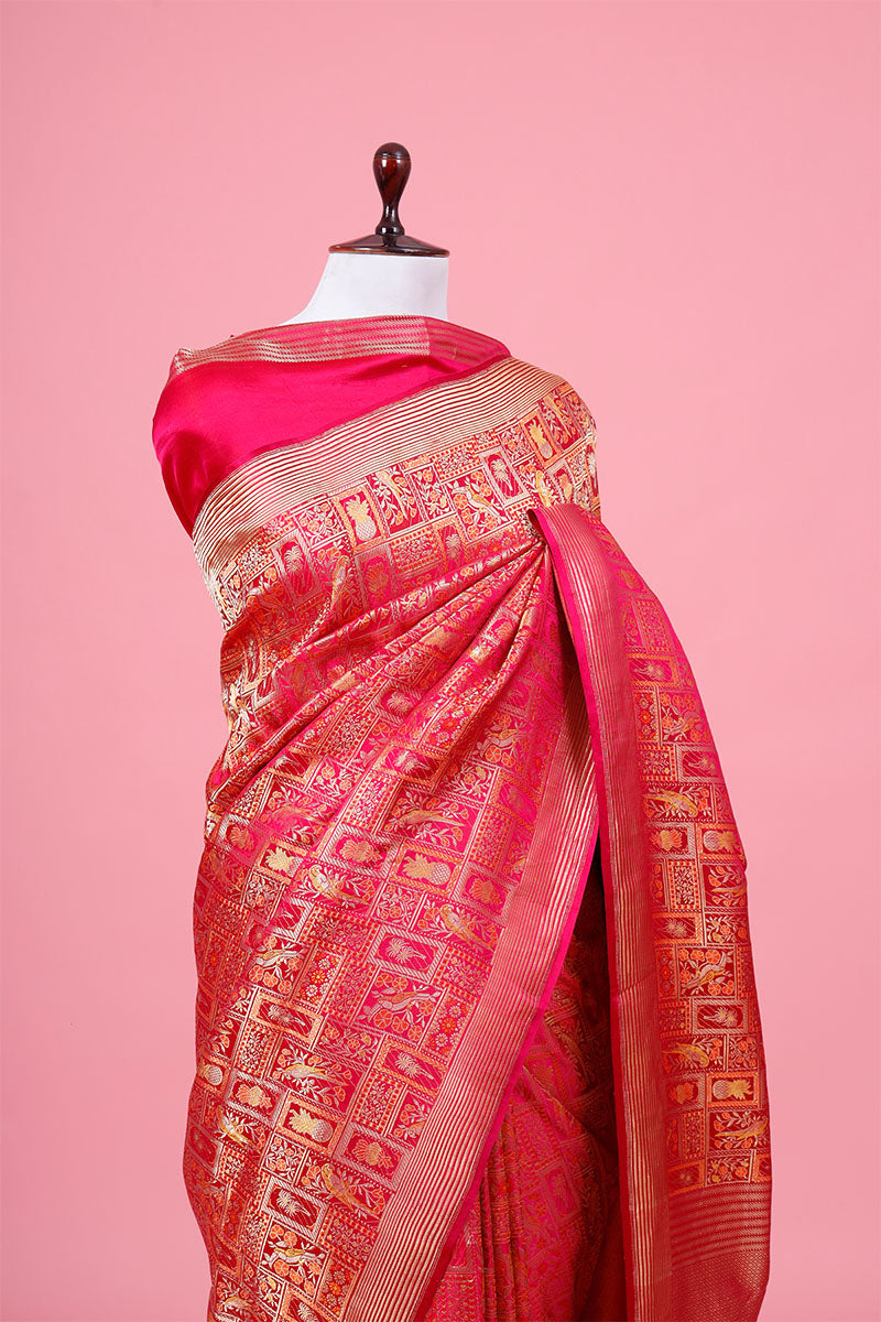 Dark Magenta Pink Handloom Satin Silk Banarasi Saree