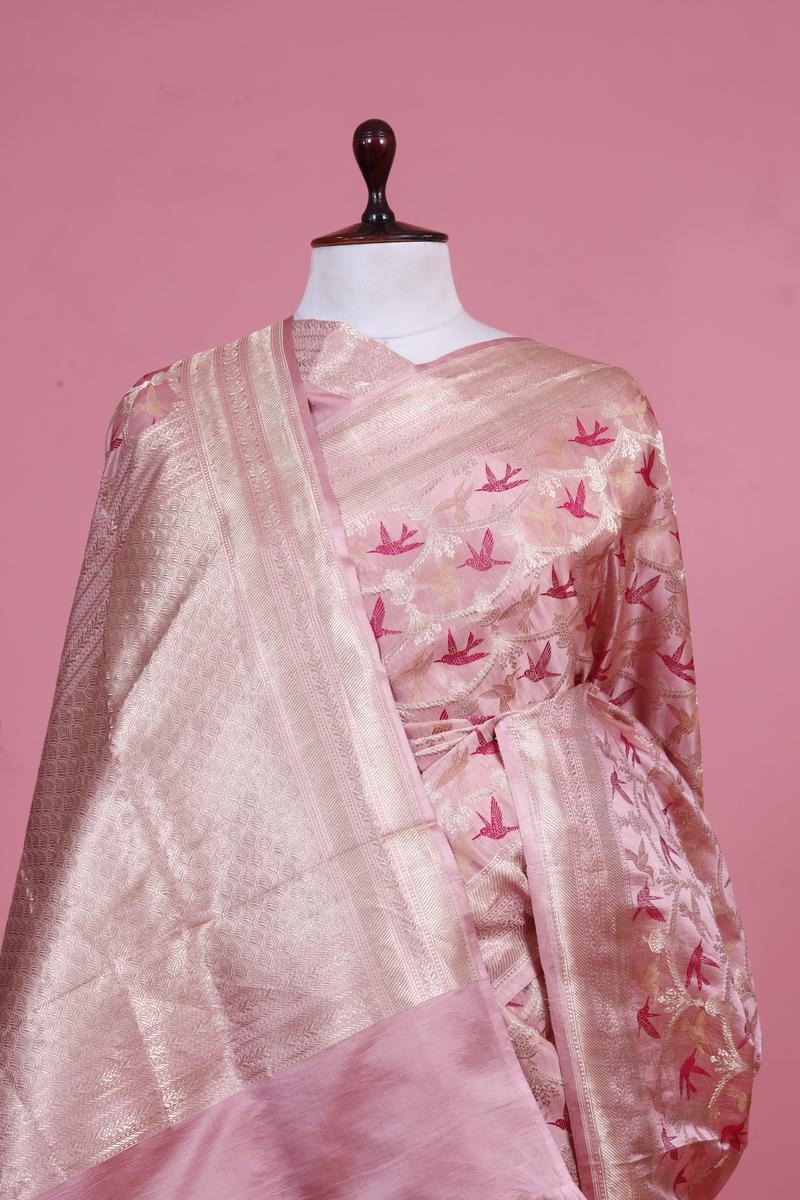 Pink Handloom Satin Banarasi Silk Saree with Meenakari Bird Motifs