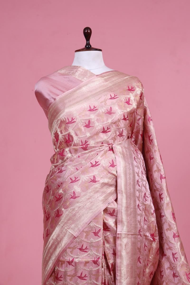 Pink Handloom Satin Banarasi Silk Saree with Meenakari Bird Motifs