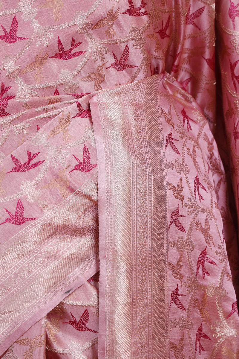 Pink Handloom Satin Banarasi Silk Saree with Meenakari Bird Motifs