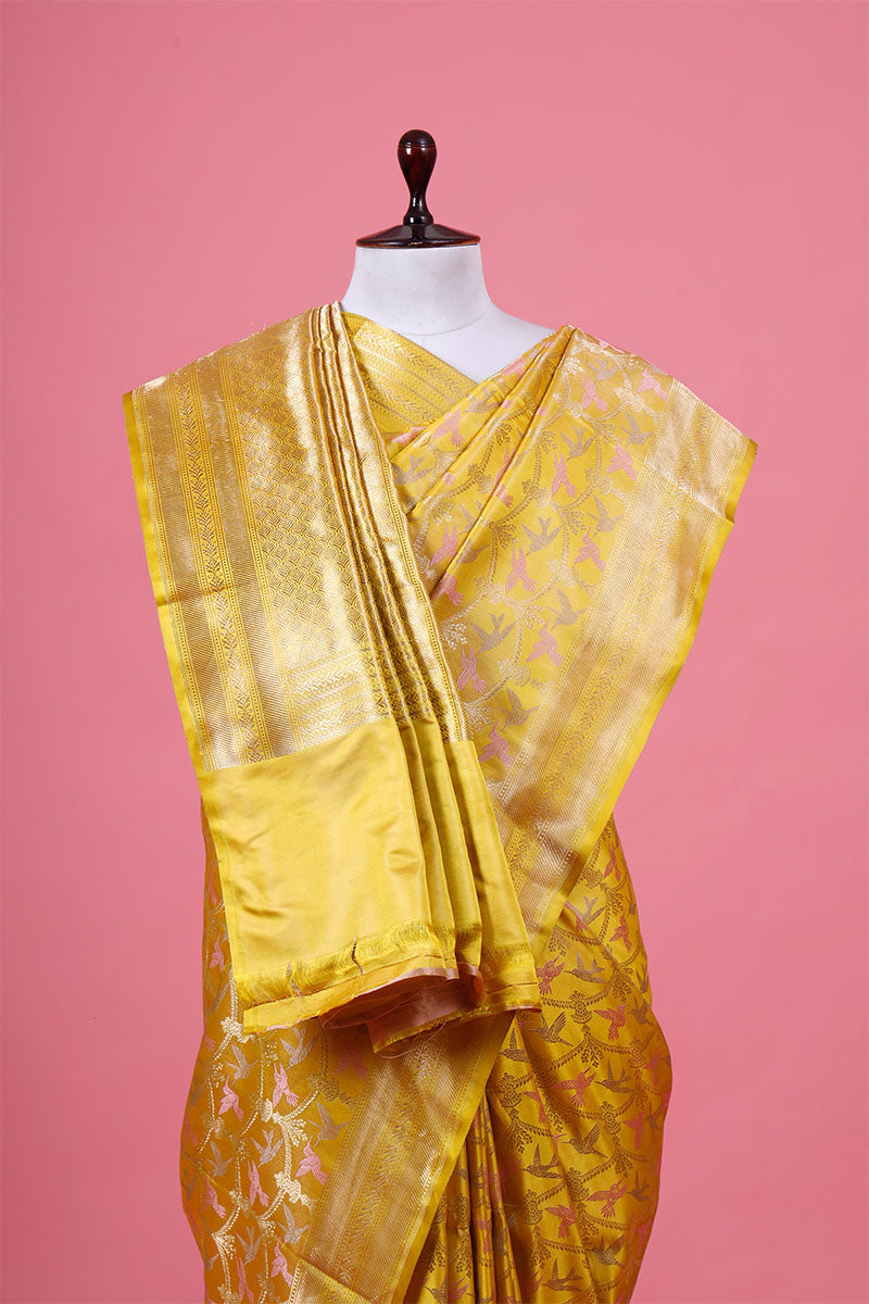 Banarasi Mustard Yellow Bird Motif Handloom Satin Silk Saree