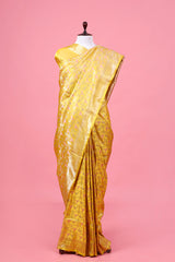 Banarasi Silk Saree, Banarasi saree, Mustard Yellow Bird Motif Handloom Satin Silk Saree