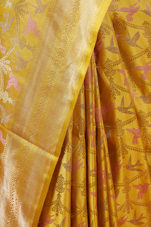 Mustard Bird Buti  Handloom Banarasi Satin Silk Saree