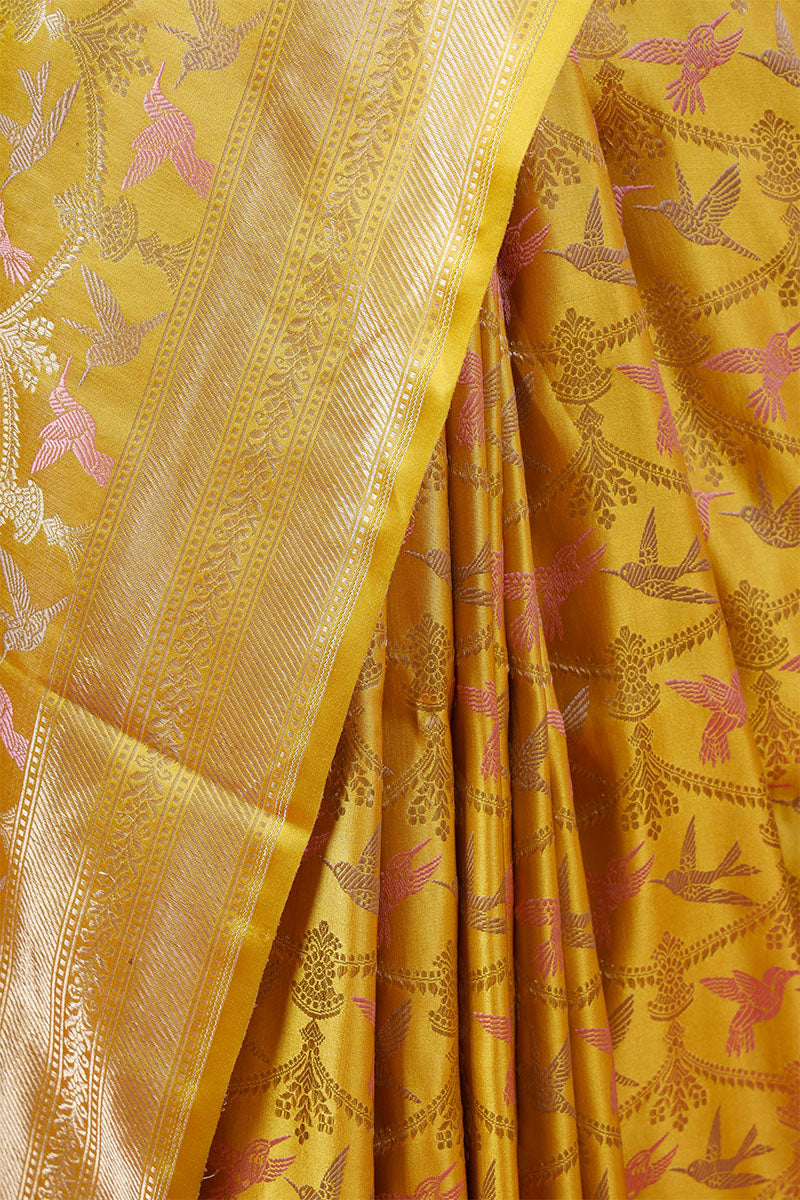 Banarasi Mustard Yellow Bird Motif Handloom Satin Silk Saree